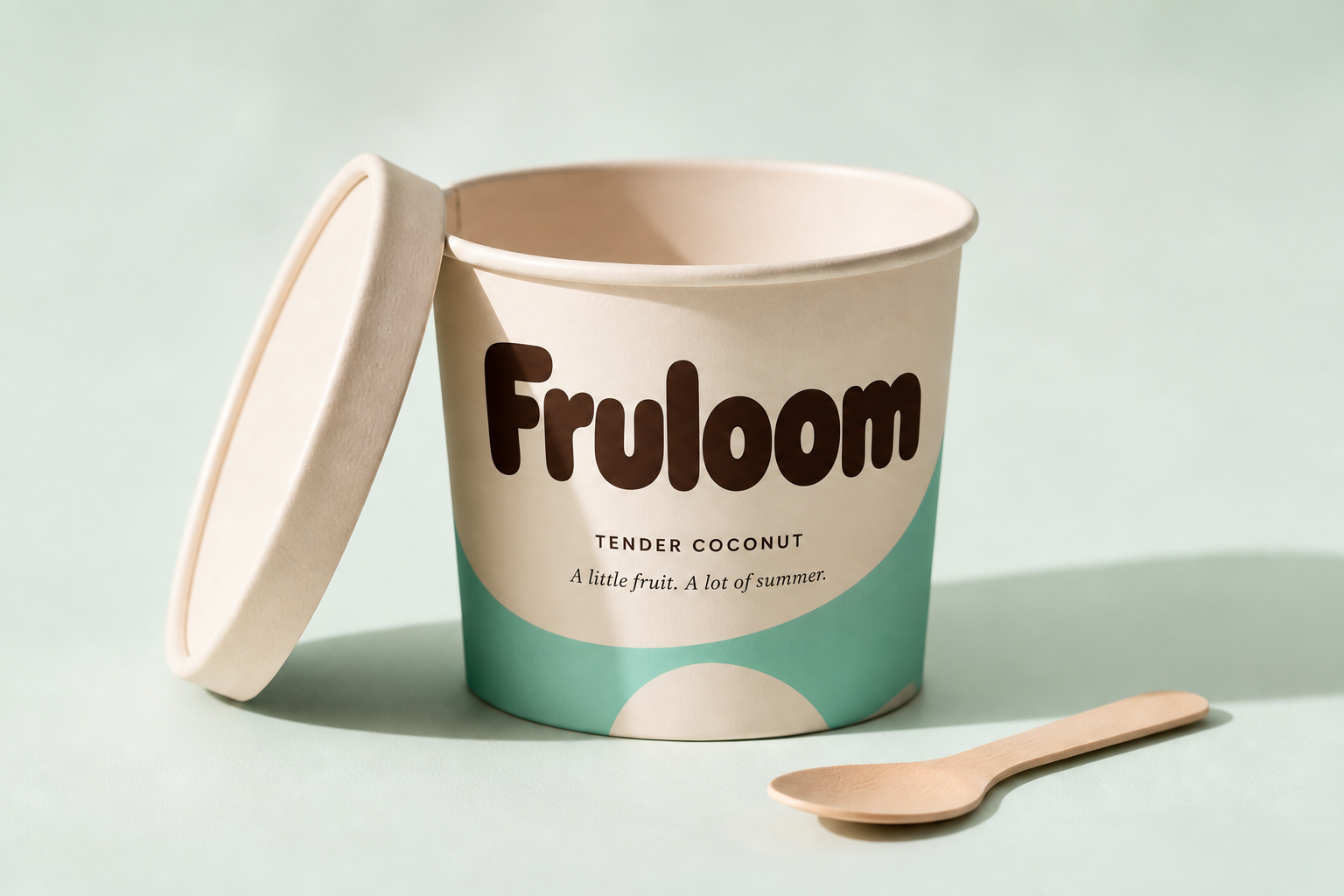 Fruloom tender coconut paper cup concept with mint fruit illustration, cream lid and wooden spoon