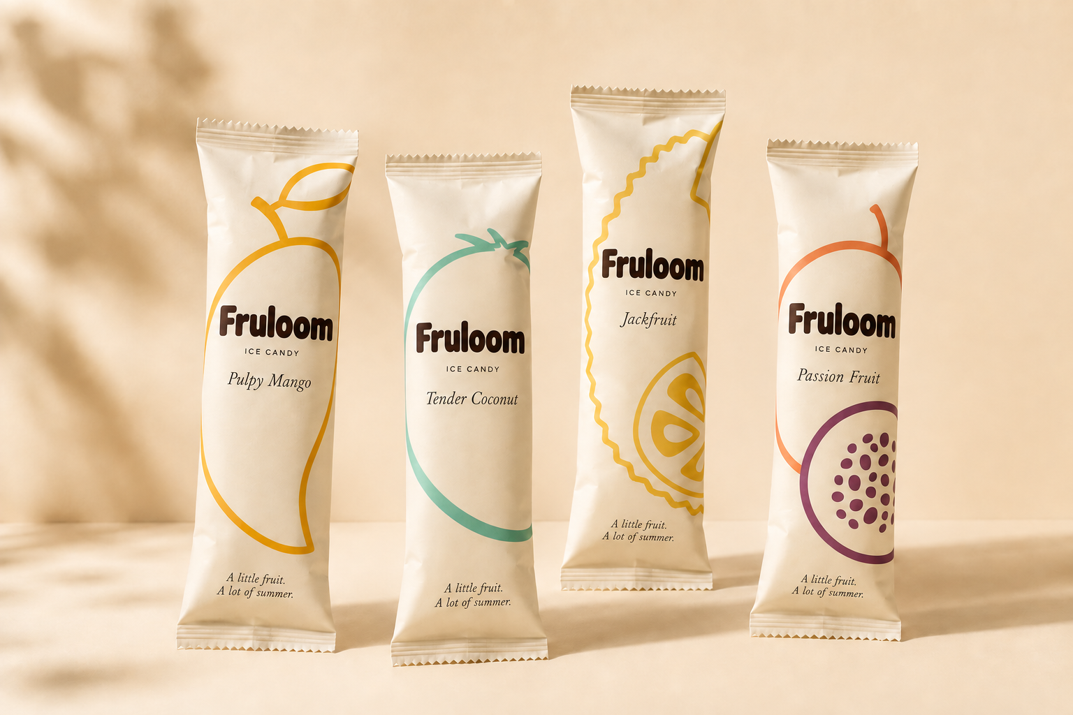 Four Fruloom ice candy wrapper concepts in mango gold, coconut mint, jackfruit yellow and passion fruit peach