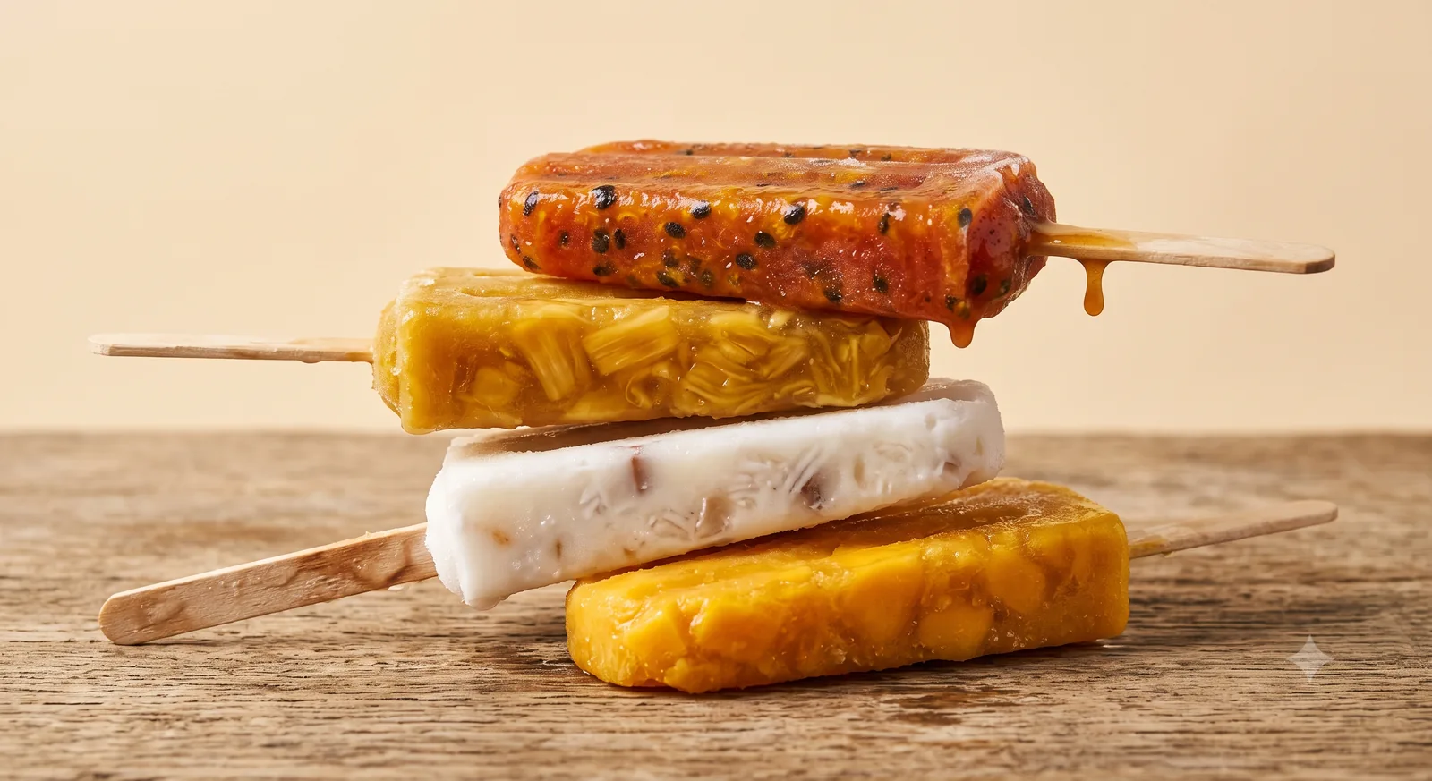 Mango, coconut, jackfruit and passion fruit ice candies stacked on a table